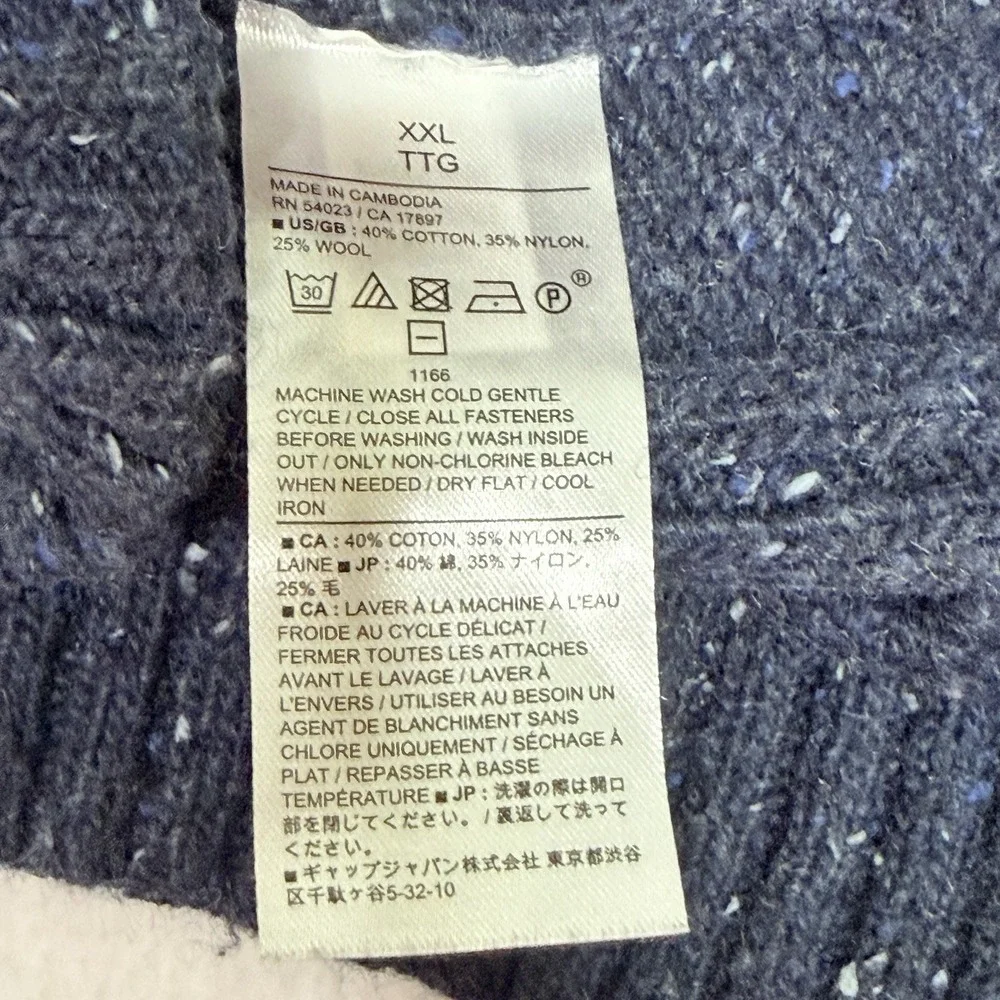 Banana Republic XXL Fisherman Cable Knit Full Zip Sweater Navy Wool Blend Preppy